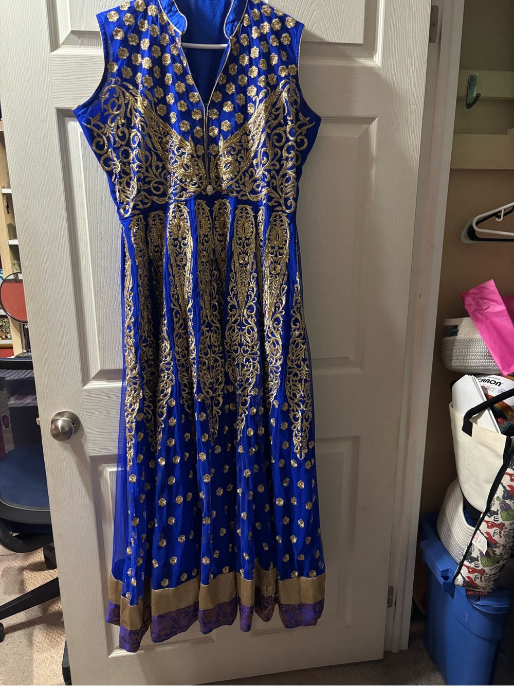 Royal Blue & Gold Embroidered Sleeveless Dress